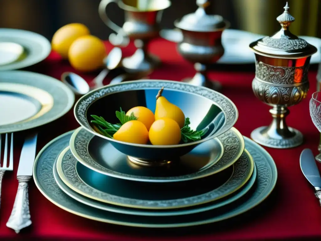 Esplendor renacentista: mesa detallada del siglo XV Una mesa renacentista detallada con cubiertos elegantes y platos vibrantes del Siglo XV, evocando opulencia y encanto histórico
