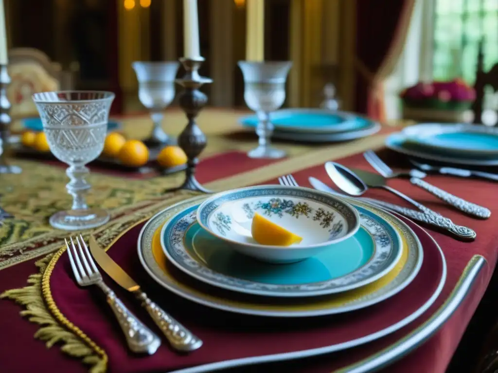 Exquisita mesa renacentista: lujo y detalle histórico en cada plato Una mesa renacentista detallada con vajilla de plata, platos de porcelana, cristalería y coloridos platillos, en un salón majestuoso con tapices