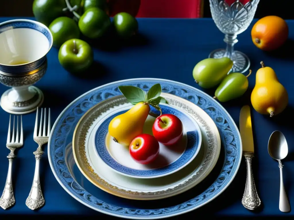 Una mesa renacentista detallada con vajilla de plata, platos de porcelana y frutas frescas, recreando la elegancia de la época