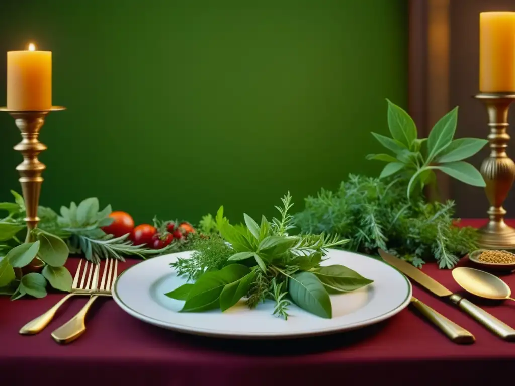 Una mesa renacentista con hierbas y botánica vibrante, evocando historia y arte culinario