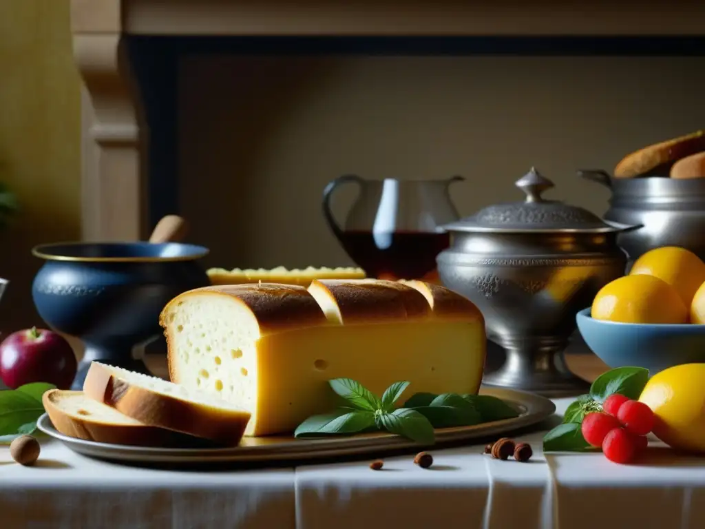 Una mesa renacentista llena de ingredientes vibrantes y detallados, evocando la época de Leonardo da Vinci