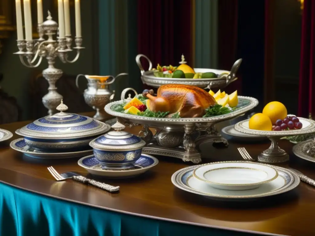 Una mesa renacentista llena de lujo y opulencia, rodeada de nobles en animada conversación