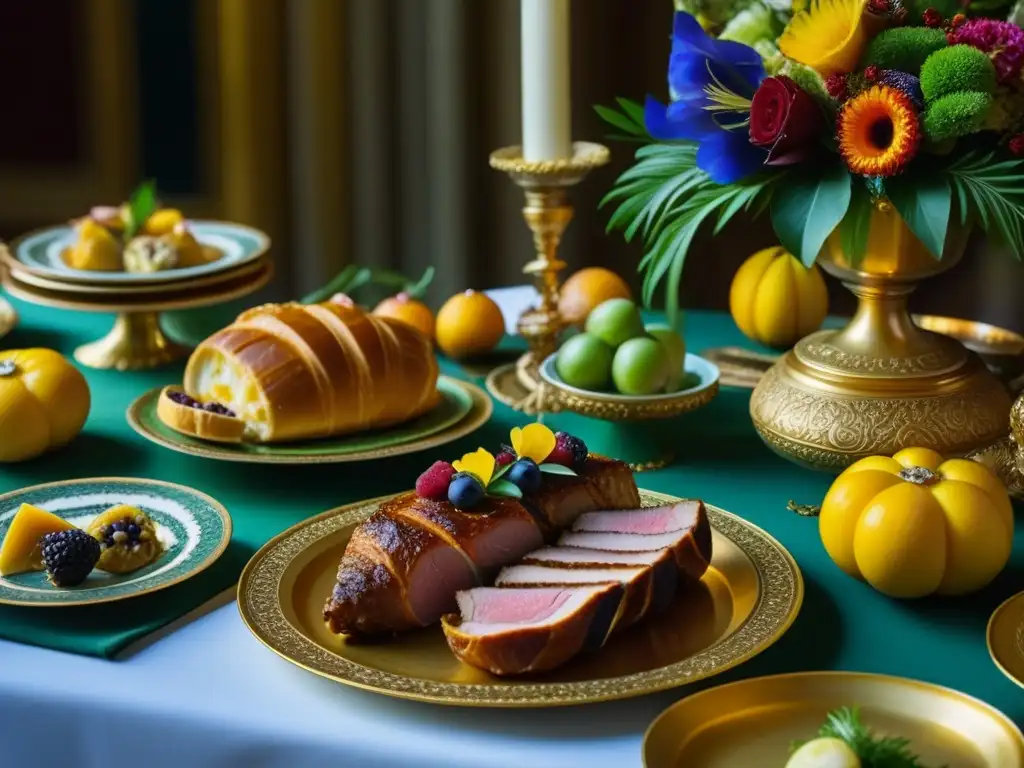 Una mesa renacentista llena de opulentas comidas festivas arte renacentista