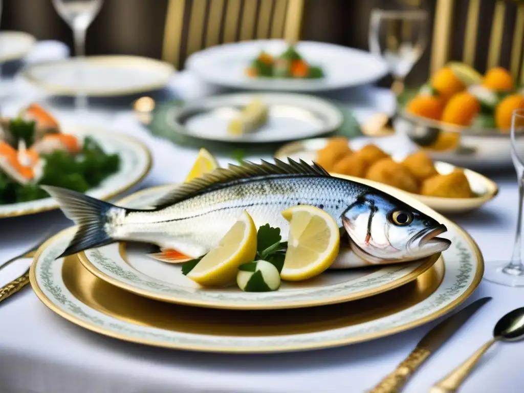 Una mesa renacentista llena de platos de pescado exquisitamente preparados, destacando la importancia del pescado en la cocina renacentista