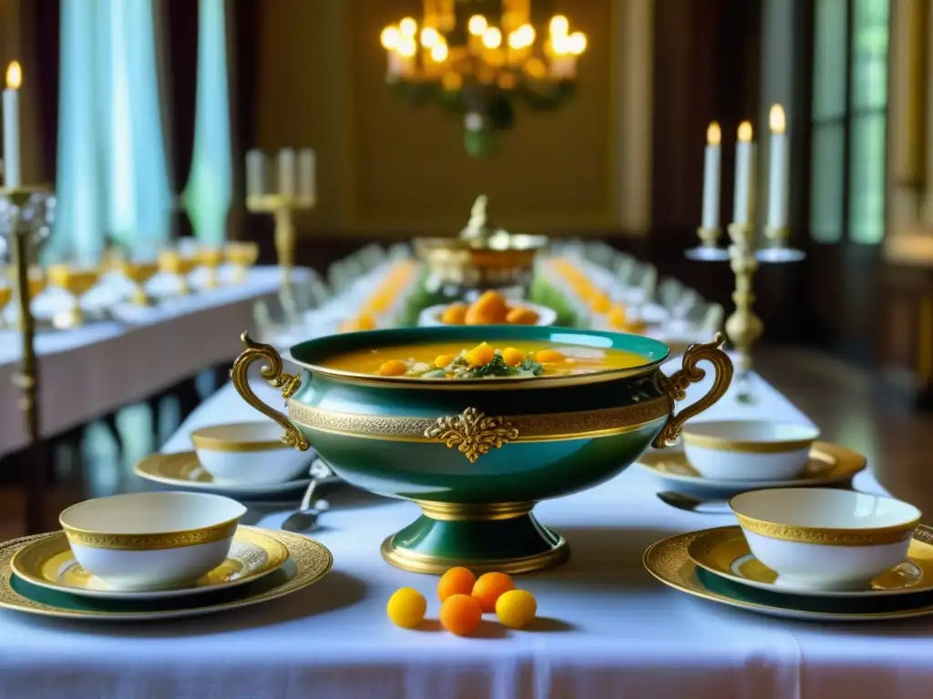 Una mesa renacentista llena de sopas exquisitas y decoradas, en un ambiente de lujo y opulencia