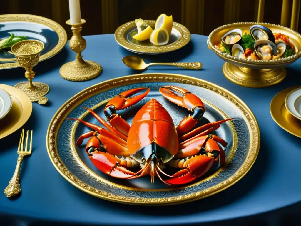 Una mesa renacentista lujosa con exquisitos mariscos en gilded platters y cubertería ornamental