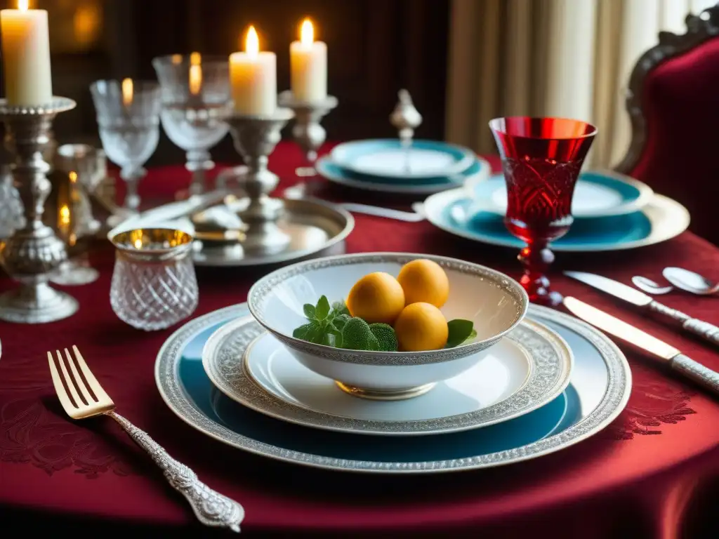 Una mesa renacentista lujosa con vajilla exquisita y copas de vino, iluminada por velas en un palacio europeo