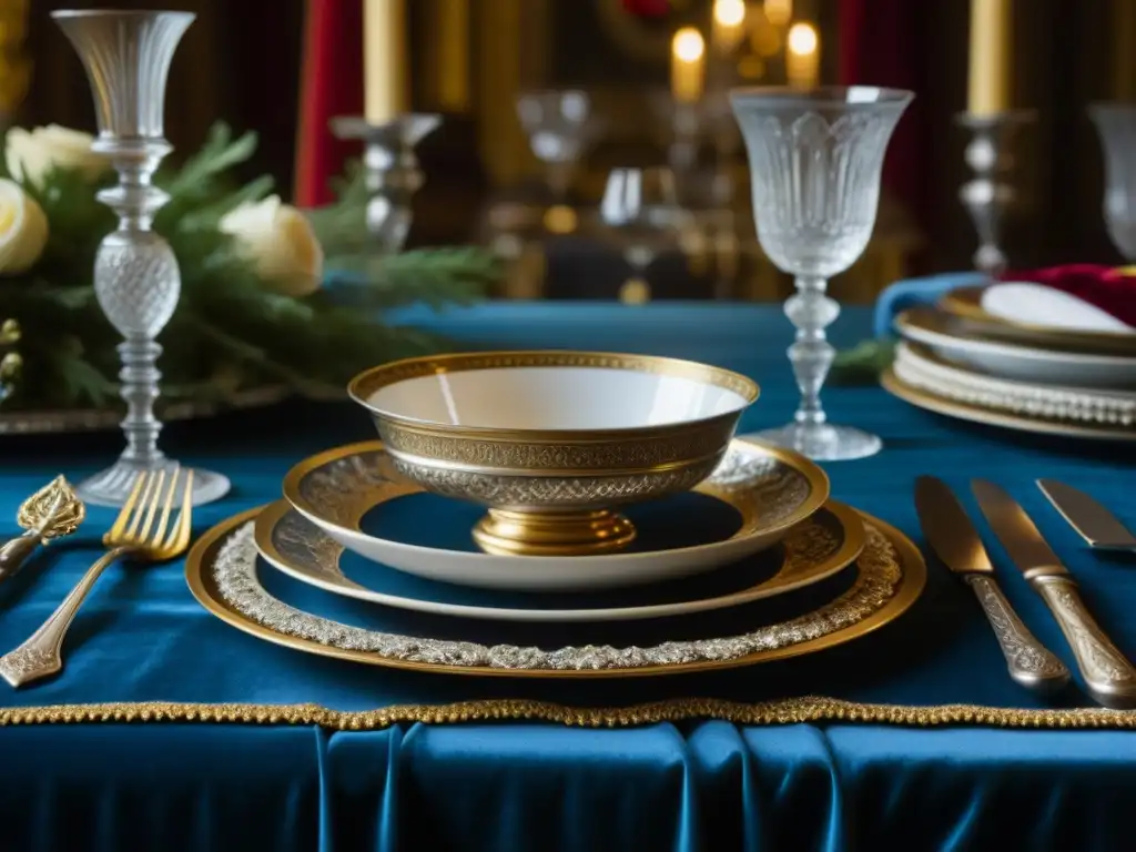 Mesa renacentista lujosamente detallada: plata, cristal y terciopelo Una mesa renacentista del siglo XV con exquisitas vajillas de plata, platos ornamentados y copas de cristal
