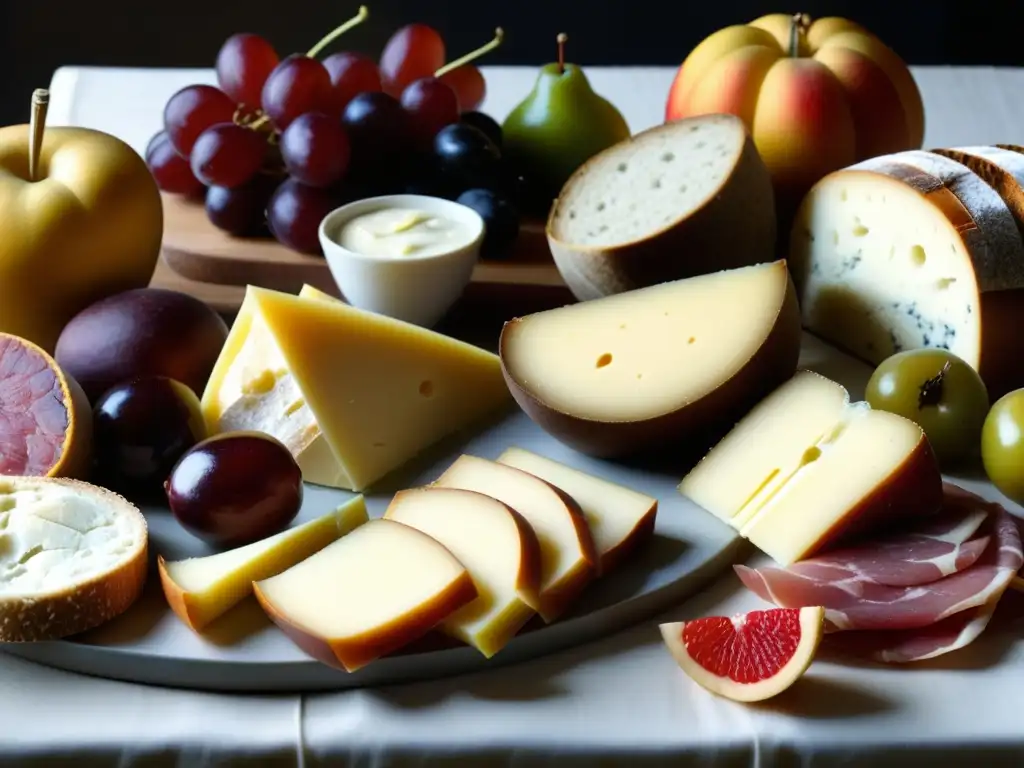 Una mesa del Renacimiento italiano llena de frutas, quesos y embutidos, en un ambiente vibrante y detallado