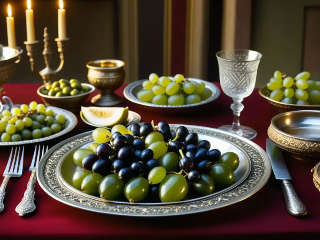 Una mesa romana antigua llena de secretos banquetes, revelando la historia cultural en cada detalle de plata y comida