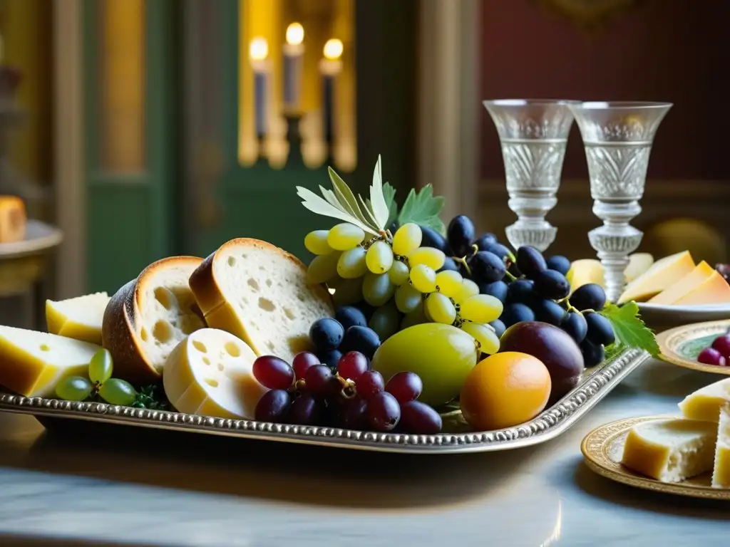 Una mesa romana lujosamente decorada con una variedad de alimentos exquisitos, reflejando la alimentación y la clase social en Roma