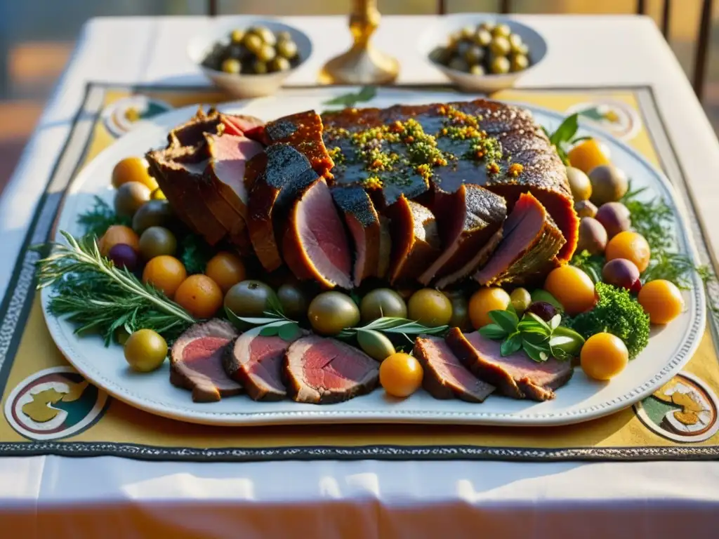 Una mesa romana festiva con recetas históricas de carnes romanas, decorada con luces cálidas y detalles exquisitos