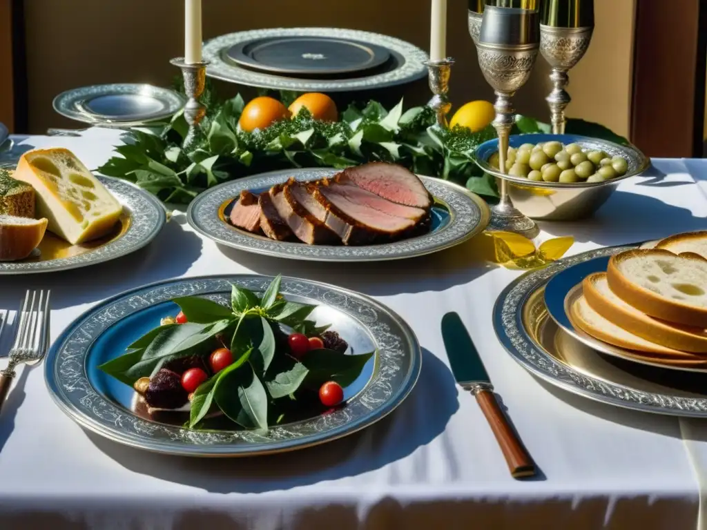 Una mesa romana llena de alimentos en la vida romana, con banquetes, vino y decoraciones