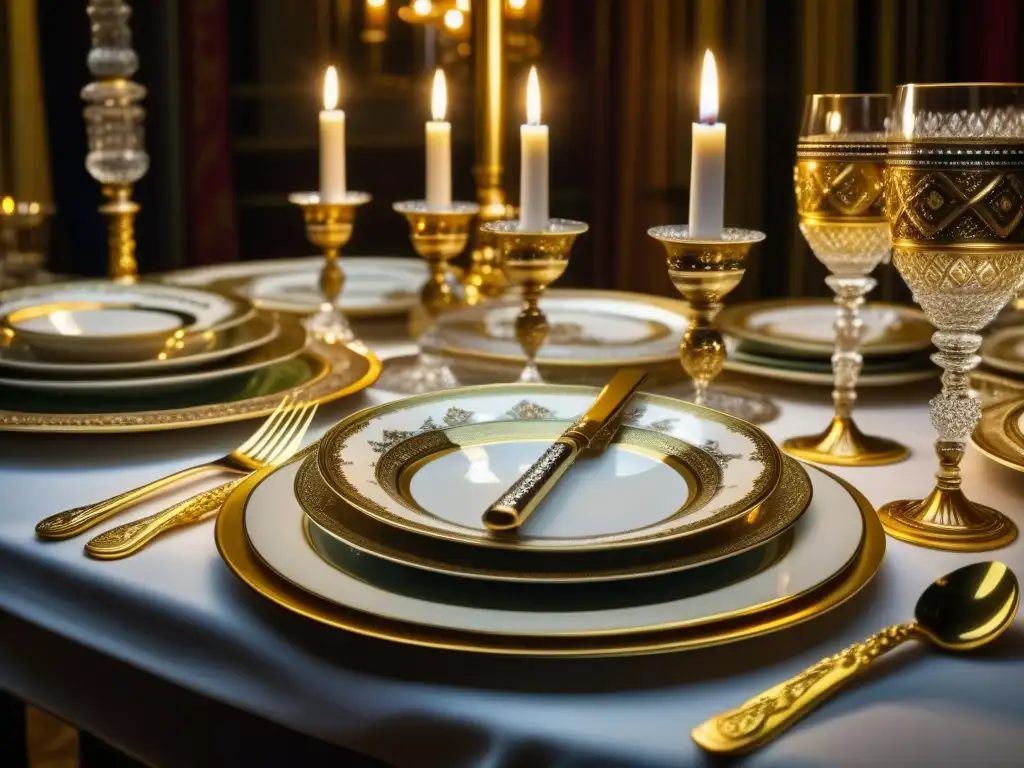 Una mesa imperial rusa lujosamente decorada para un festín, con vajilla de oro y plata, candelabros y platos exquisitos