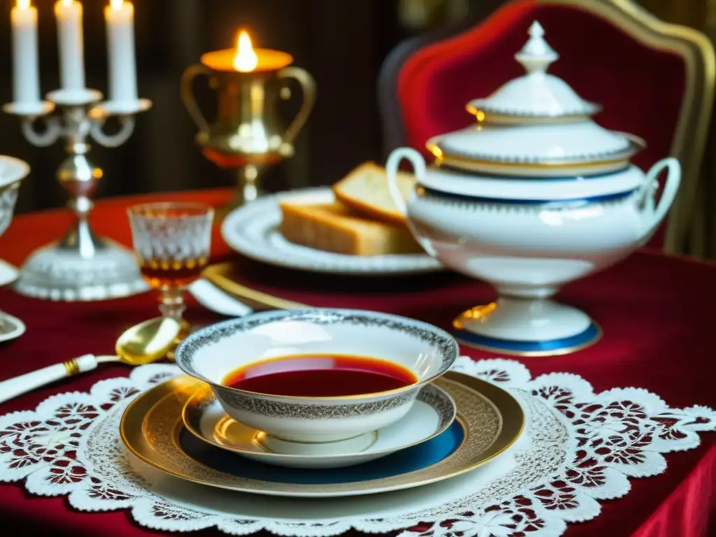 Una mesa rusa de la época de los Zares con una lujosa presentación de la sopa Borsch en un ambiente opulento