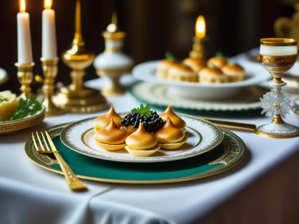 Una mesa imperial rusa lujosa con vajilla de plata, platos de porcelana y exquisitos platos tradicionales