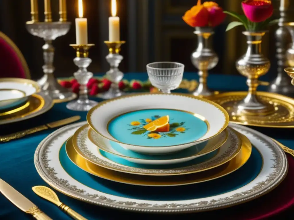 Una mesa imperial rusa del siglo XVIII con vajilla de plata, cristalería y decoración floral, creando una atmósfera de Cocina histórica en la corte