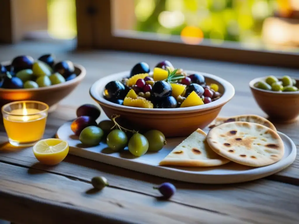 Una mesa rústica adornada con un festín griego antiguo, invitando a saborear recetas históricas salud mental Antigua Grecia