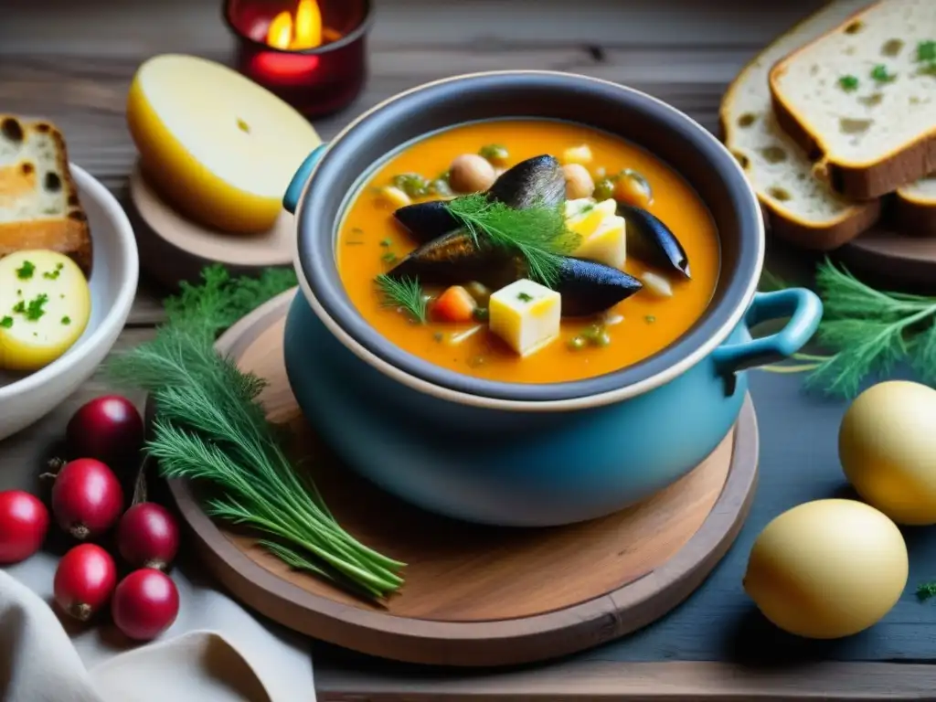 Una mesa rústica adornada con recetas históricas noche de San Juan: sopa de pescado, pan de centeno, arenque en vinagre, papas y salsa de arándanos