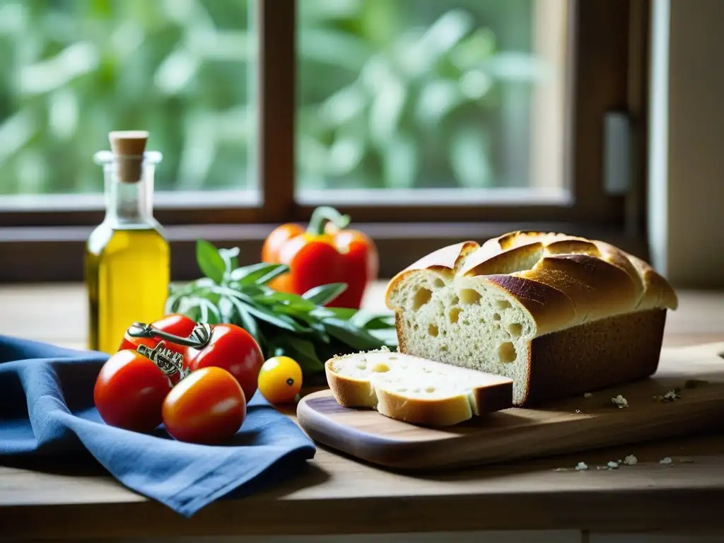 Una mesa rústica con alimentos mediterráneos frescos, evocando la longevidad de la antigua dieta mediterránea