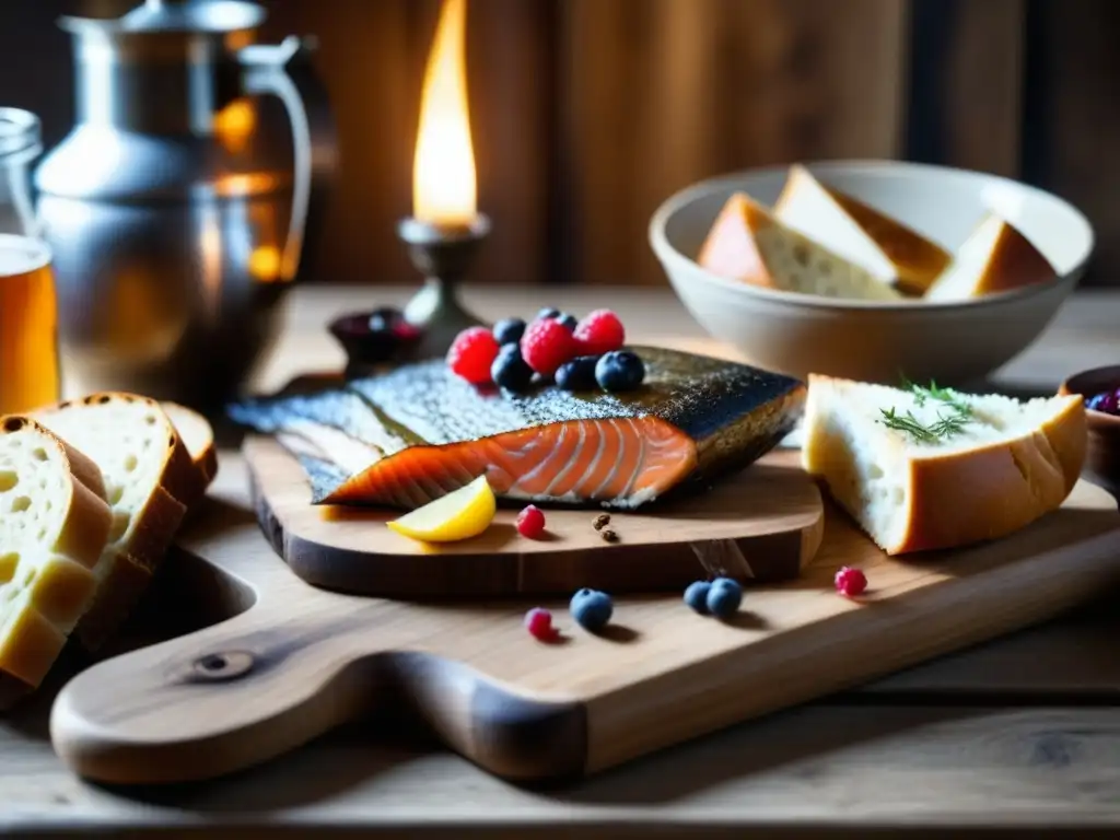 Una mesa rústica con alimentos vikingos tradicionales: pescado ahumado, pan, bayas y hidromiel, en un ambiente histórico