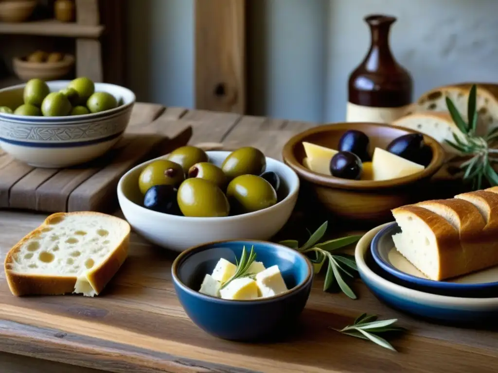 Delicias de la Antigua Grecia: mesa rústica con comida spartana y ateniense Una mesa rústica en una cocina griega antigua con alimentos espartanos y atenienses