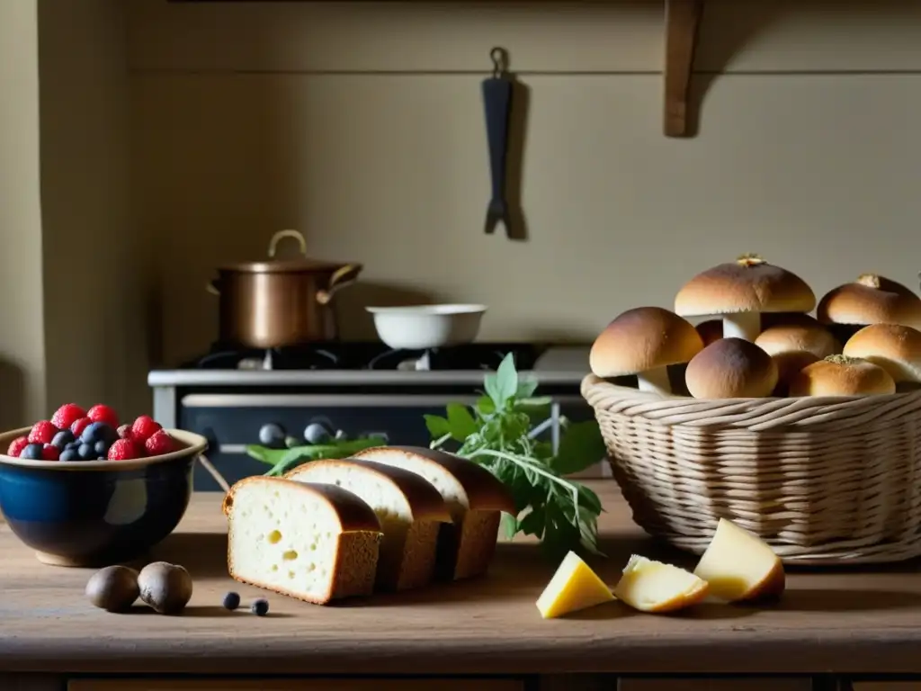 Sabores del siglo XIX: Detalles de una cocina europea Una mesa rústica en una cocina del siglo XIX iluminada, llena de ingredientes clave de la época: setas, pan, quesos, hierbas y bayas