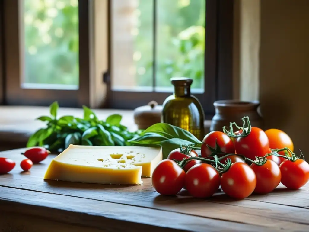 Una mesa rústica en la cocina de una villa toscana, con ingredientes tradicionales como tomates, albahaca, aceite de oliva y queso pecorino