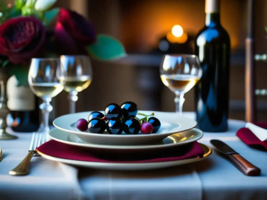 Una mesa rústica con copas de vino tinto elegantes, cubiertos de caza y detalles florales