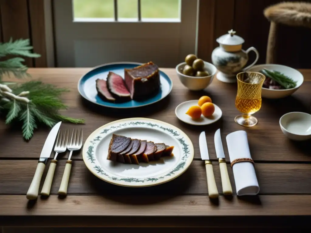 Una mesa rústica en Escandinavia con cuchillos de caza, vajilla forestal y carne de caza exquisitamente preparada