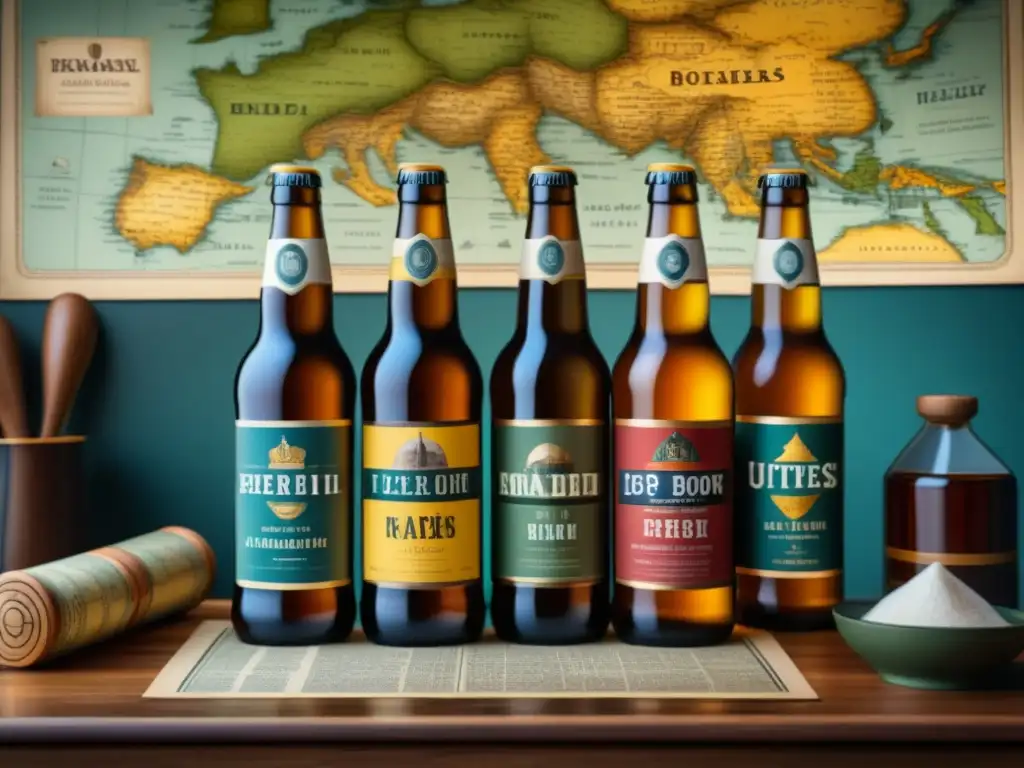 Expediciones históricas: maridaje de cervezas artesanales y cocina moderna Una mesa rústica decorada con cervezas artesanales de expediciones históricas y platos gourmet, rodeada de mapas antiguos y herramientas de explorador