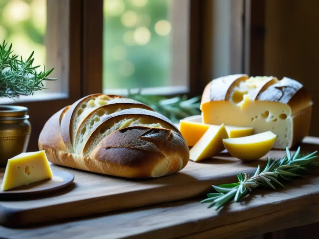 Banquete medieval: mesa rústica con ingredientes auténticos Una mesa rústica de la Edad Media con ingredientes europeos: pan, quesos, frutas, nueces y hierbas aromáticas