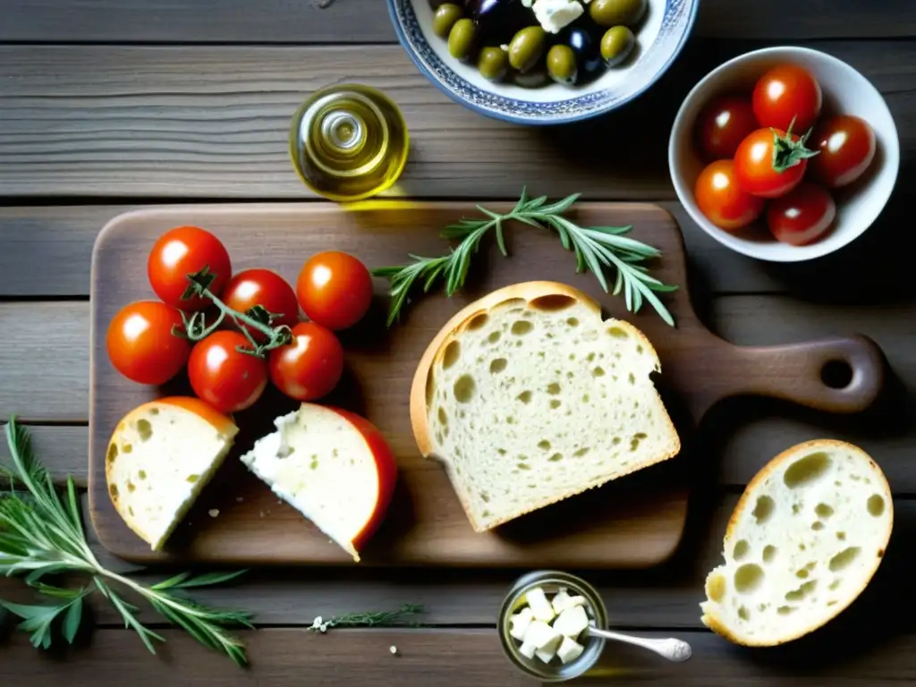 Una mesa rústica con un festín de la dieta mediterránea antigua, resaltando colores y texturas