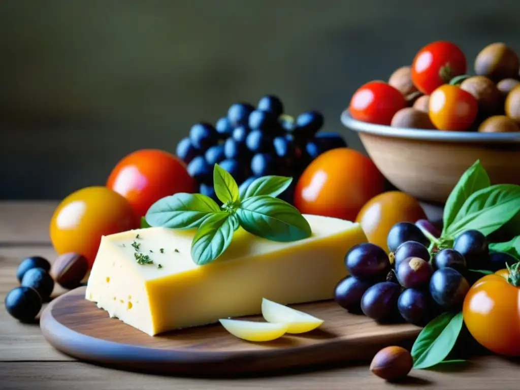 Una mesa rústica con ingredientes medievales toscanos: albahaca, tomates, romero, uvas, aceite de oliva, castañas y queso pecorino