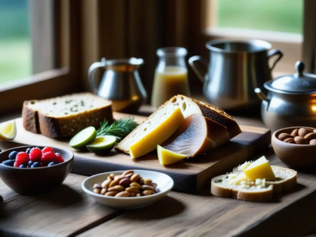 Una mesa rústica llena de alimentos vikingos tradicionales, resaltando frescura y diversidad