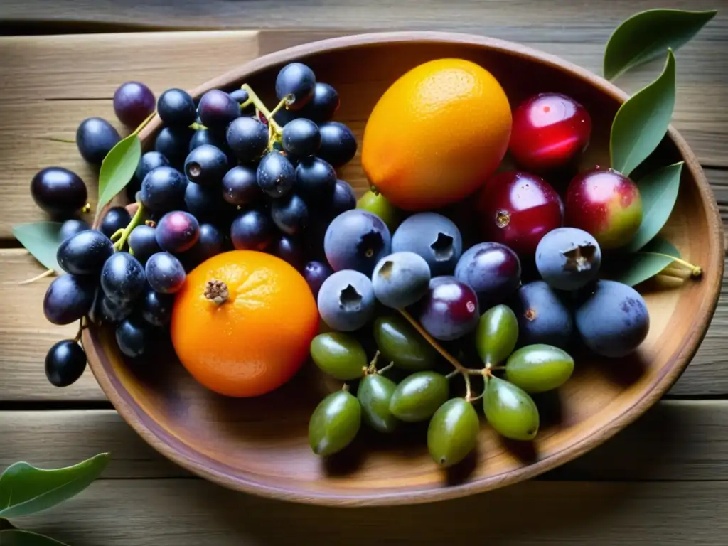 Una mesa rústica llena de alimentos antiguos ricos en antioxidantes: uvas moradas, granadas rojas, aceitunas verdes y higos naranjas frescos