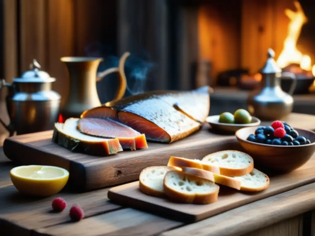 Una mesa rústica llena de comida vikinga tradicional: pescado ahumado, pan, bayas y hidromiel