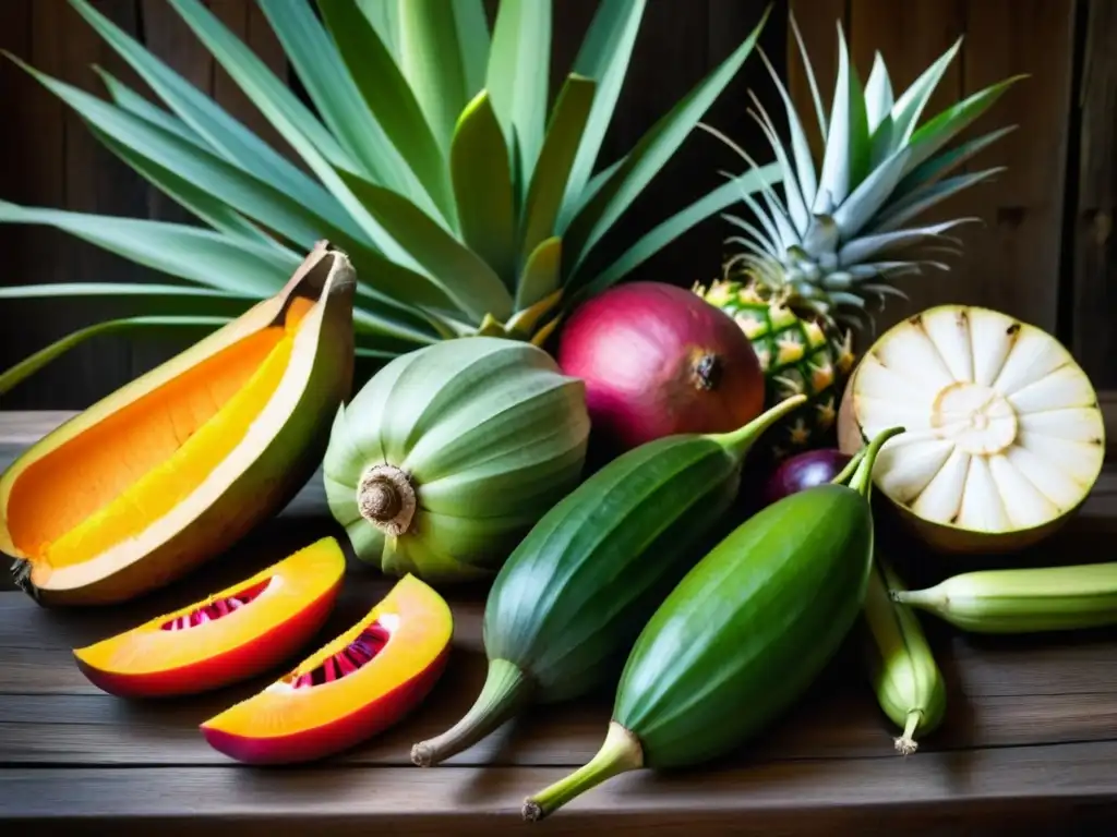 Una mesa rústica llena de frutas y vegetales caribeños frescos, vibrantes y coloridos, reflejando la influencia de la Dieta de los Caribes