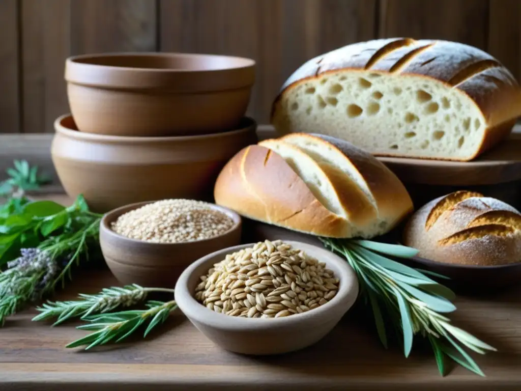 Una mesa rústica llena de granos y panes nórdicos antiguos, resaltando la belleza de la tradición culinaria