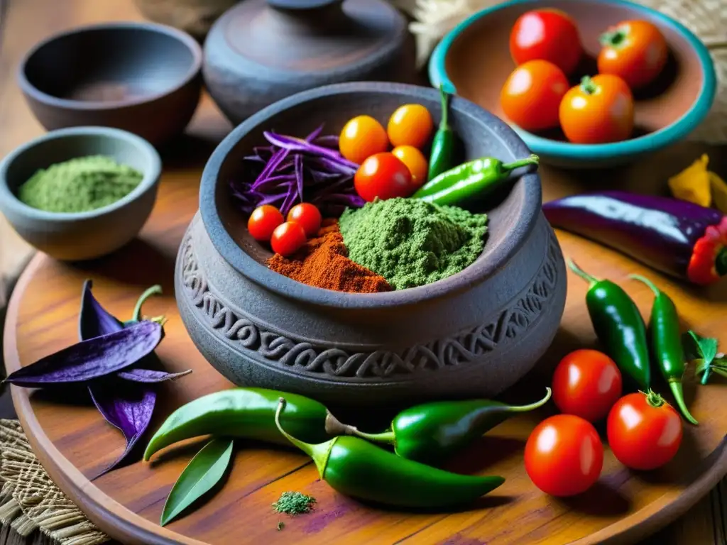 Una mesa rústica llena de ingredientes mayas tradicionales y métodos de cocción, resaltando colores y texturas