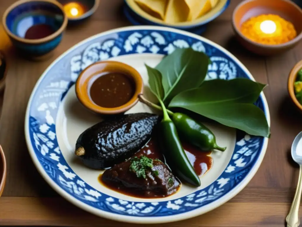 Una mesa rústica llena de recetas históricas de la independencia: mole poblano, tamales y chiles en nogada