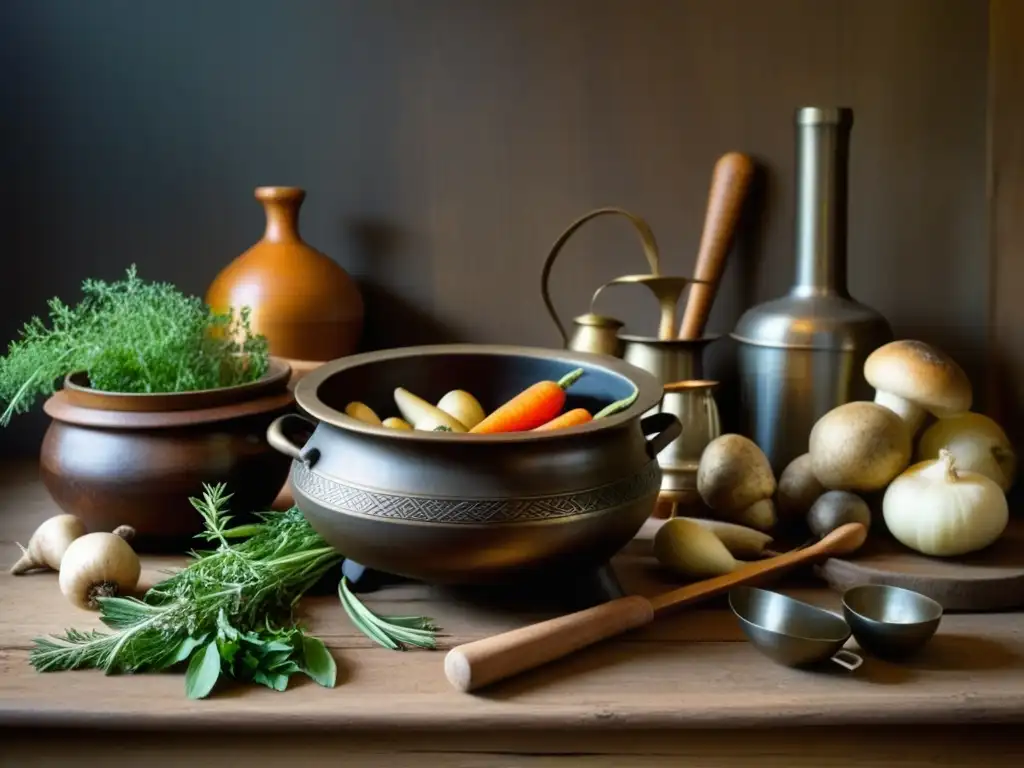 Una mesa rústica de madera adornada con herramientas e ingredientes celtas antiguos