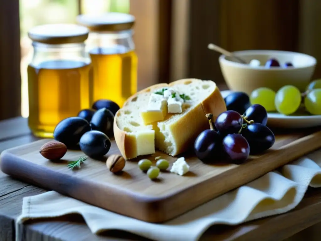 Una mesa rústica de madera con alimentos griegos tradicionales: aceitunas, queso feta, uvas, higos, miel, frutos secos y pan