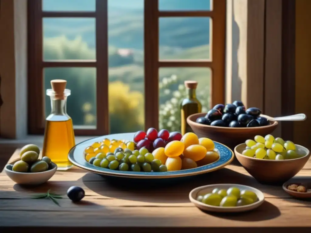 Una mesa rústica de madera con alimentos básicos de la Antigua Grecia iluminados por el sol