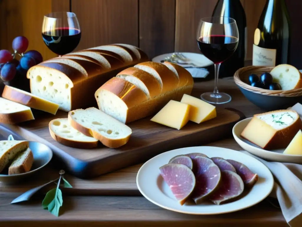 Una mesa rústica de madera rebosante de comida medieval europea: pan, queso, embutidos, frutas y vino tinto