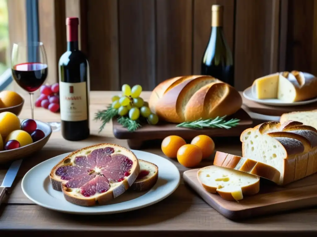 Una mesa rústica con pan, quesos, embutidos, frutas y vino, evocando la adaptación de la dieta europea durante el bloqueo continental