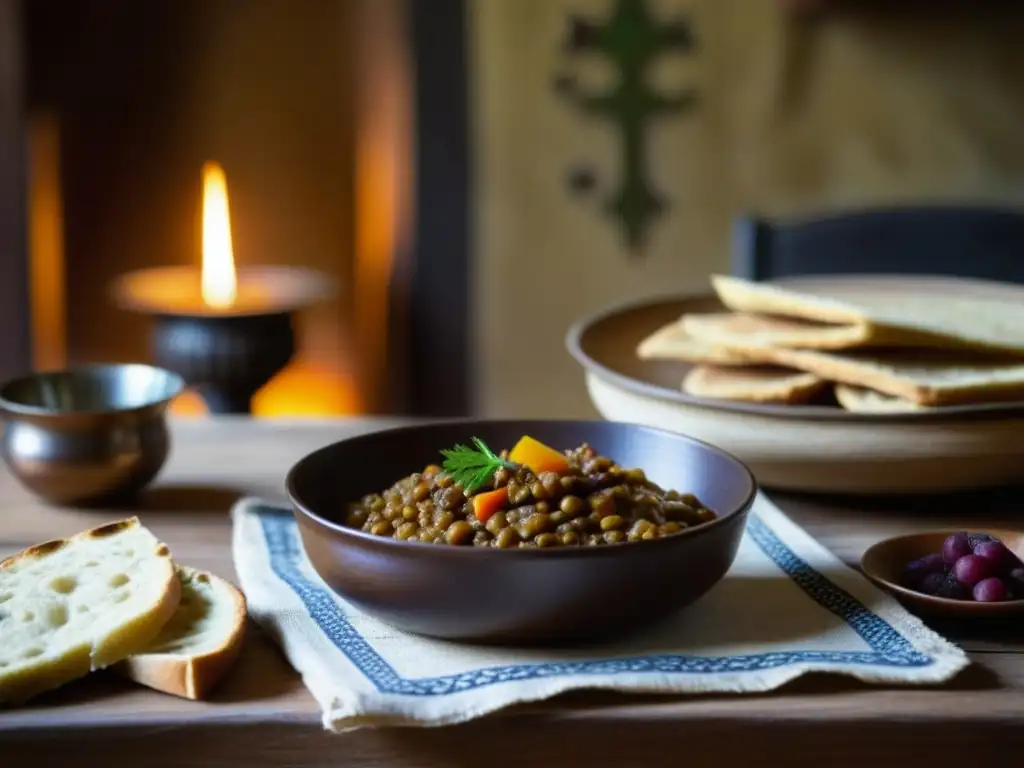 Una mesa rústica con platos medievales de ayuno: estofado de lentejas, pan ácimo y frutas secas, en una habitación con tapiz religioso