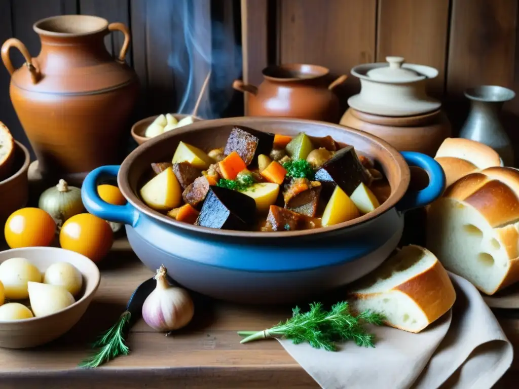 Una mesa rústica rebosante de platillos campesinos de la Edad Media: estofado, pan recién horneado, verduras y vino casero