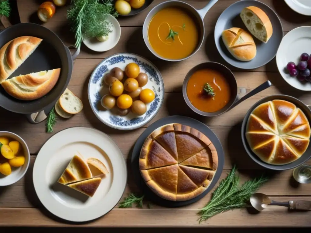 Banquete histórico: mesa europea de la Revolución Industrial Una mesa rústica repleta de platos europeos de la Revolución Industrial, destacando la evolución de la gastronomía europea