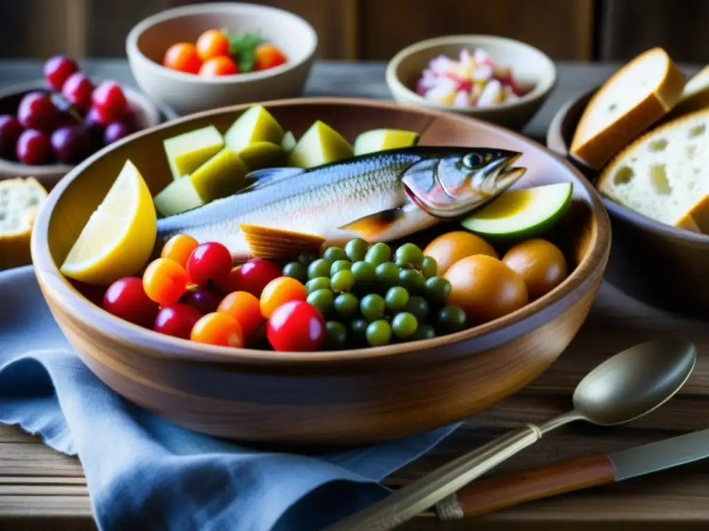 Una mesa rústica con un tazón de madera lleno de comida vikinga